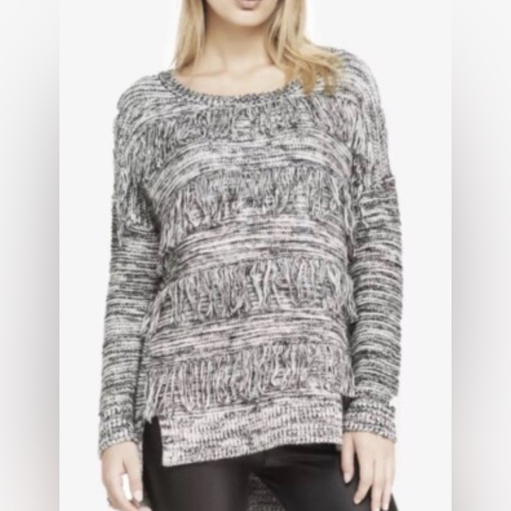 Express Monochrome Textured Fringe Sweater